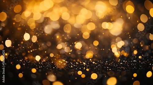 Golden abstract bokeh lights on black background for holiday decor and celebrations photo