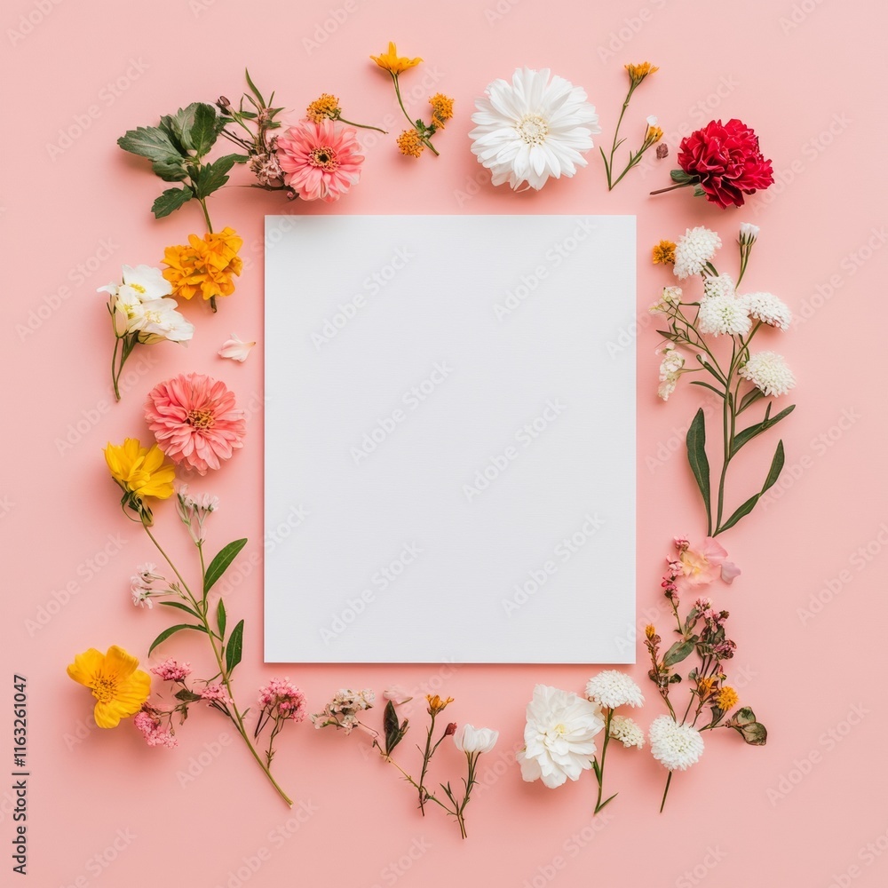 Vibrant Floral Frame with Mixed Blossoms on Pastel Background Vibrant Floral Frame with Mixed Blossoms on Pastel Background