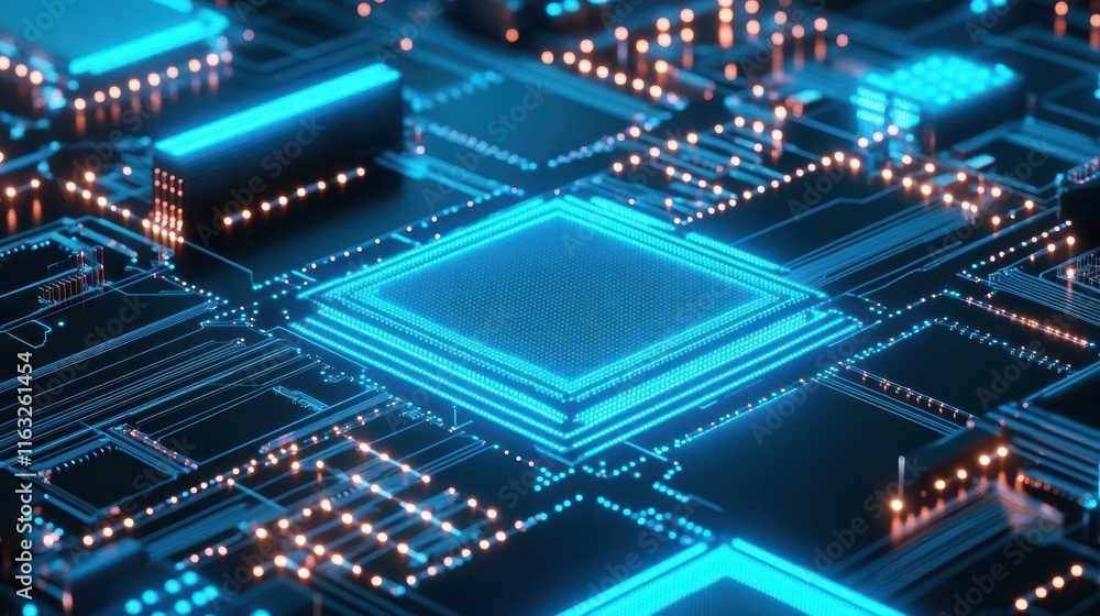 Grid of AI processors illuminated by blue neon light, computational power, tech infrastructure Grid of AI processors illuminated by blue neon light, computational power, tech infrastructure