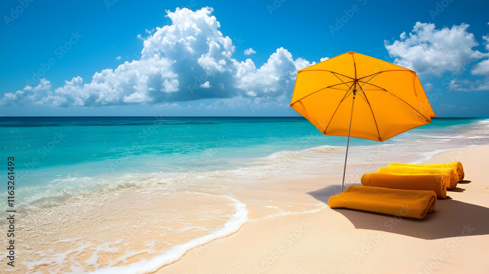 Tranquil beach scene with turquoise water white sand yellow umbrella and rolled towels perfect for vacation advertising or a serene desktop background