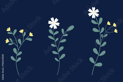 Simple White And Yellow Flowers With Green Leaves