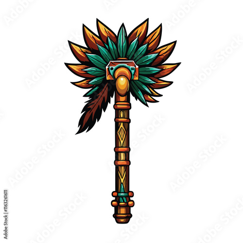 A meticulously detailed digital painting of a macuahuitl, the Aztec obsidian-edged club, intricately adorned with vibrant feathers, showcasing Aztec artistry and weaponry.