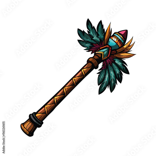 A meticulously detailed digital painting of a feathered Aztec macuahuitl, a wooden club edged with obsidian blades, showcasing intricate featherwork and realistic textures.