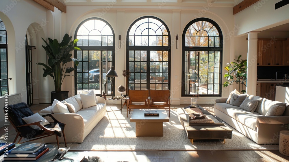 Fototapeta premium Living room interior with large arched window, AI generated image