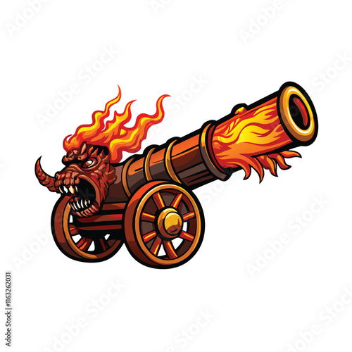 A majestic, fiery red dragon-shaped cannon, intricately detailed, belching smoke and flames, poised for action.  Show impressive scale and craftsmanship.