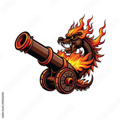 A majestic, fiery red dragon-shaped cannon, meticulously detailed, belching smoke and flames, poised for action.