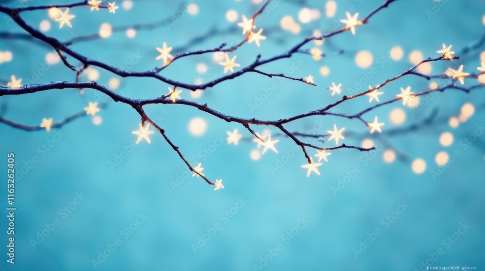 A serene image featuring branches adorned with glowing star-shaped lights against a soft blue background, creating a magical and festive atmosphere. A serene image featuring branches adorned with glowing star-shaped lights against a soft blue background, creating a magical and festive atmosphere.