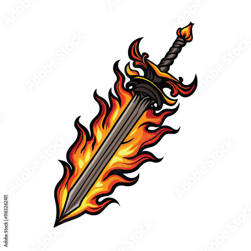 A meticulously detailed illustration of a flamberge, a wavy-bladed longsword, showcasing its intricate hilt and the undulations of its blade.