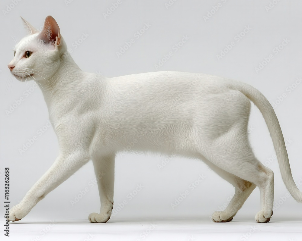 A sleek white cat is walking gracefully against a plain background, showcasing its smooth fur and elegant posture. A sleek white cat is walking gracefully against a plain background, showcasing its smooth fur and elegant posture.