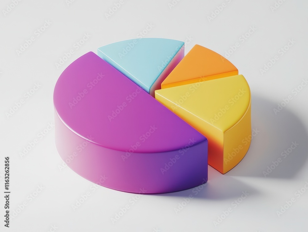 Obraz premium A colorful 3D pie chart featuring segments in purple, blue, yellow, and orange, representing data visualization in a playful and modern design.