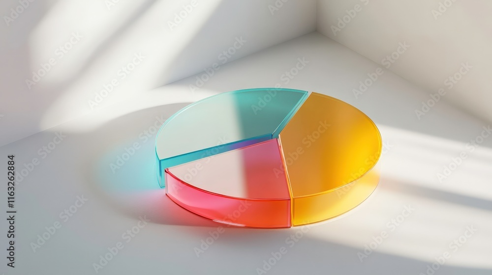 Fototapeta premium A colorful, translucent pie chart made of three segments, arranged on a minimalistic surface, illuminated by soft light, symbolizing data representation and analysis.