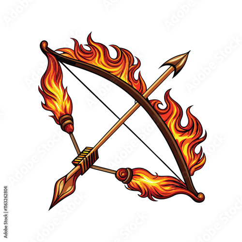 Create a digital painting of a flaming longbow and fiery arrows, depicted in a traditional, fantasy style, emphasizing the intense heat and glowing embers.