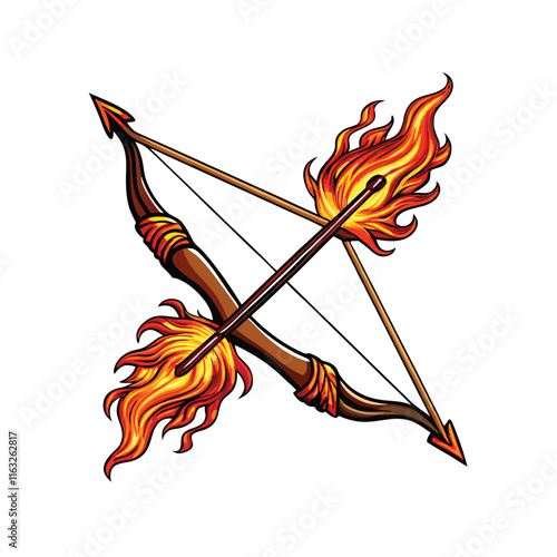 A fiery longbow, ablaze with flames, is nocked with burning arrows; a traditional weapon depicted in a fantasy style.