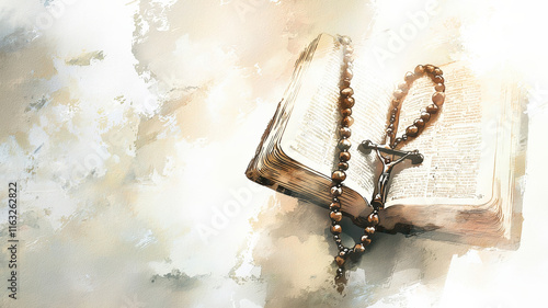 A delicate watercolor of a rosary draped over an open Bible, featuring intricate beads and soft shadows, evoking faith, devotion, and spirituality in a serene and artistic composition.