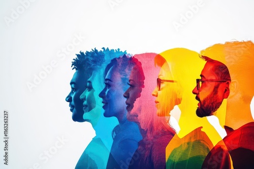 Diversity inclusion in managerial success close up, focus on, copy space vibrant tones Double exposure silhouette with people of various colors