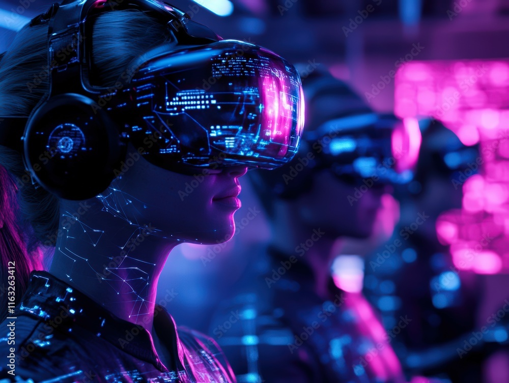 People immersed in a futuristic virtual environment, wearing VR/AR headsets while interacting with holographic interfaces People immersed in a futuristic virtual environment, wearing VR/AR headsets while interacting with holographic interfaces