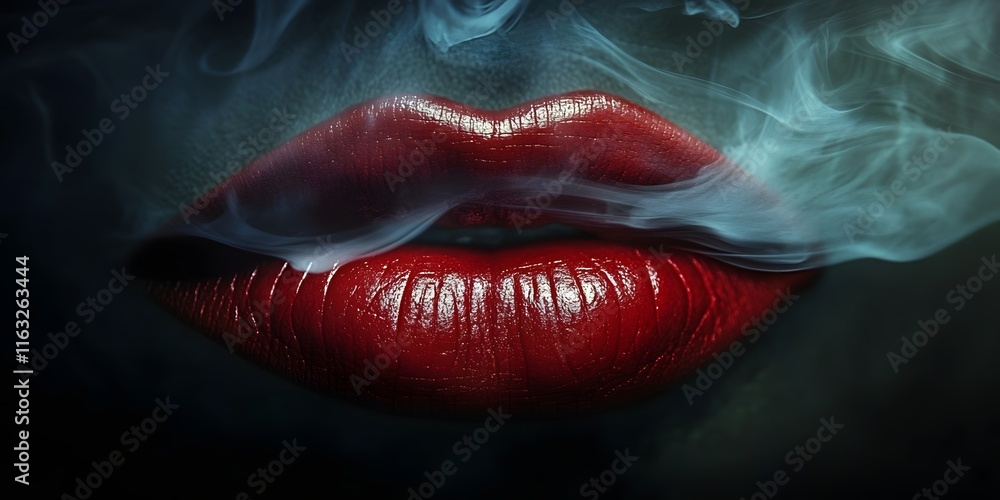 Captivating macro view of red lips with wisps of smoke creating an alluring atmosphere during evening hours. Generative AI Captivating macro view of red lips with wisps of smoke creating an alluring atmosphere during evening hours. Generative AI