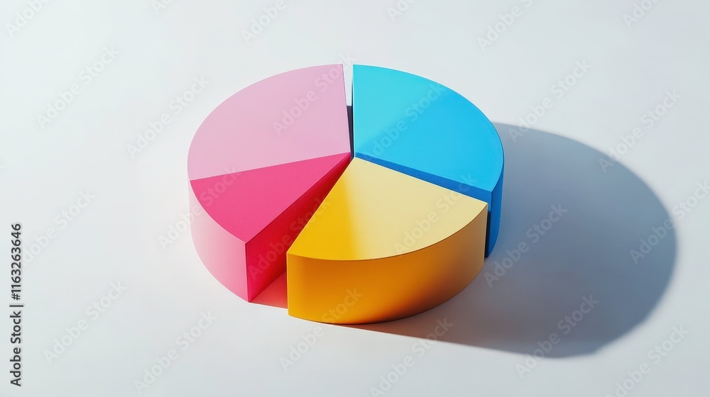 A 3D pie chart with three segments in pink, blue, and yellow, representing data visualization. A 3D pie chart with three segments in pink, blue, and yellow, representing data visualization.