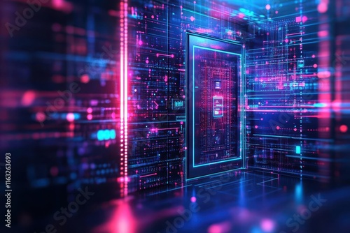 Deposit vault door, hightech glowing elements, security concept, 3D illustration