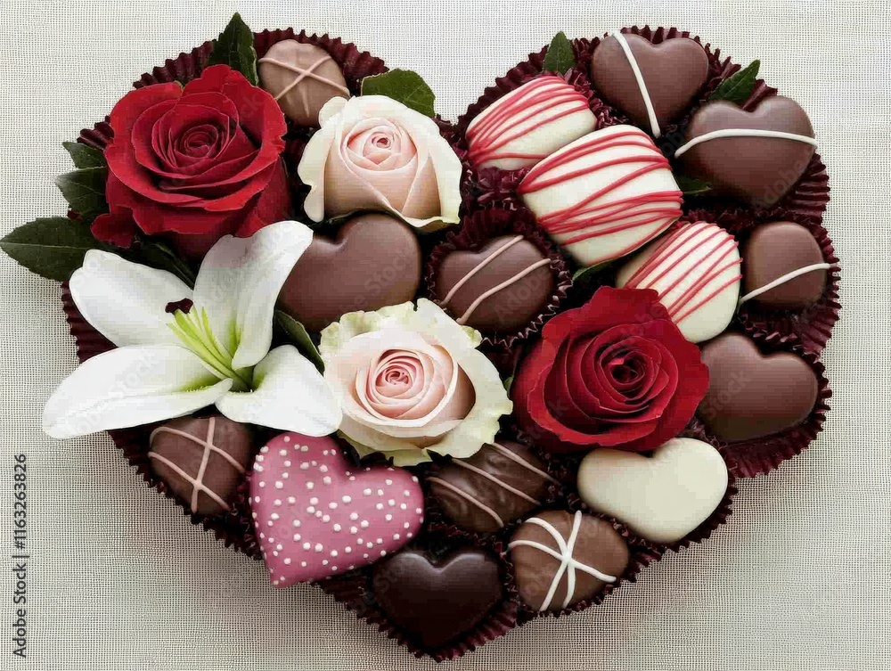 A heart-shaped arrangement featuring assorted chocolates and roses, perfect for expressing love and affection. A heart-shaped arrangement featuring assorted chocolates and roses, perfect for expressing love and affection.
