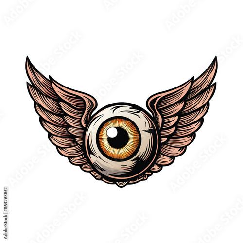Detailed vector illustration of a sketched, engraved-style flying eyeball, emphasizing intricate details and a sense of surrealism.