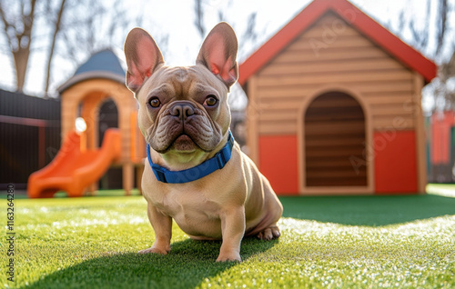 French Bulldog with blue collar sits on green grass in playground, showcasing its playful nature. dog is in front of colorful doghouse and slide, creating cheerful atmosphere