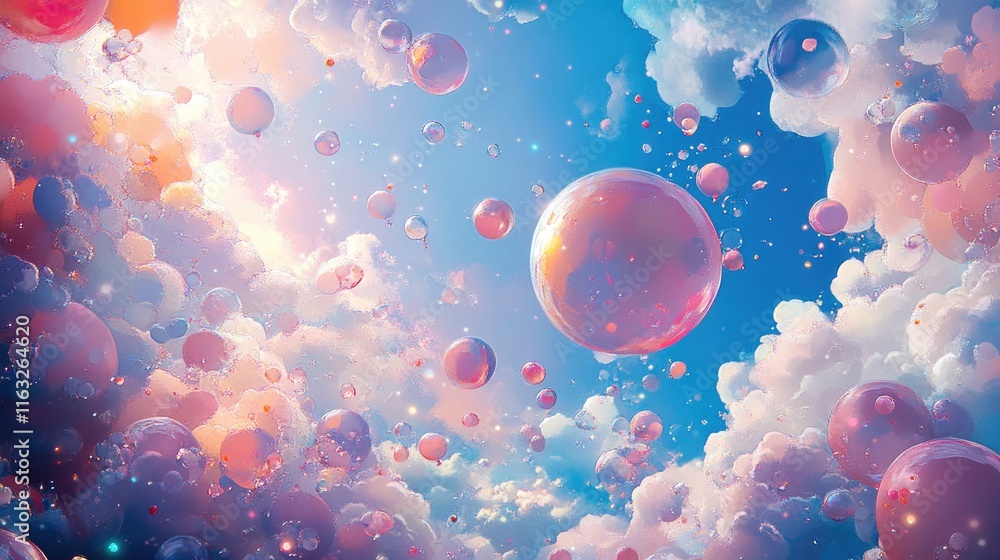 A dreamy sky filled with colorful bubbles and soft clouds, evoking a sense of wonder. A dreamy sky filled with colorful bubbles and soft clouds, evoking a sense of wonder.