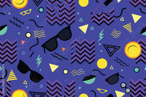 Design a vibrant, eclectic pattern featuring funky shapes, bold colors, and unexpected juxtapositions.  Think 70s retro meets modern abstraction.