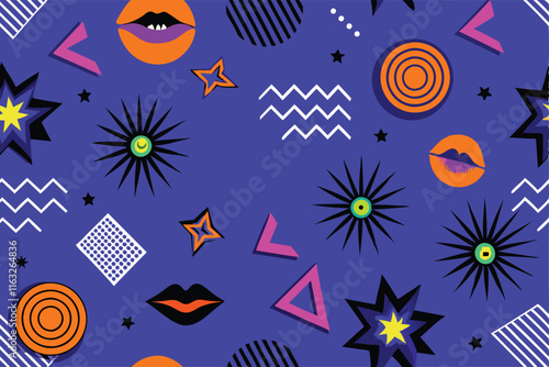 Design a vibrant, eclectic funky pattern featuring abstract shapes, bold colors, and unexpected juxtapositions.  Think 70s retro with a modern twist.