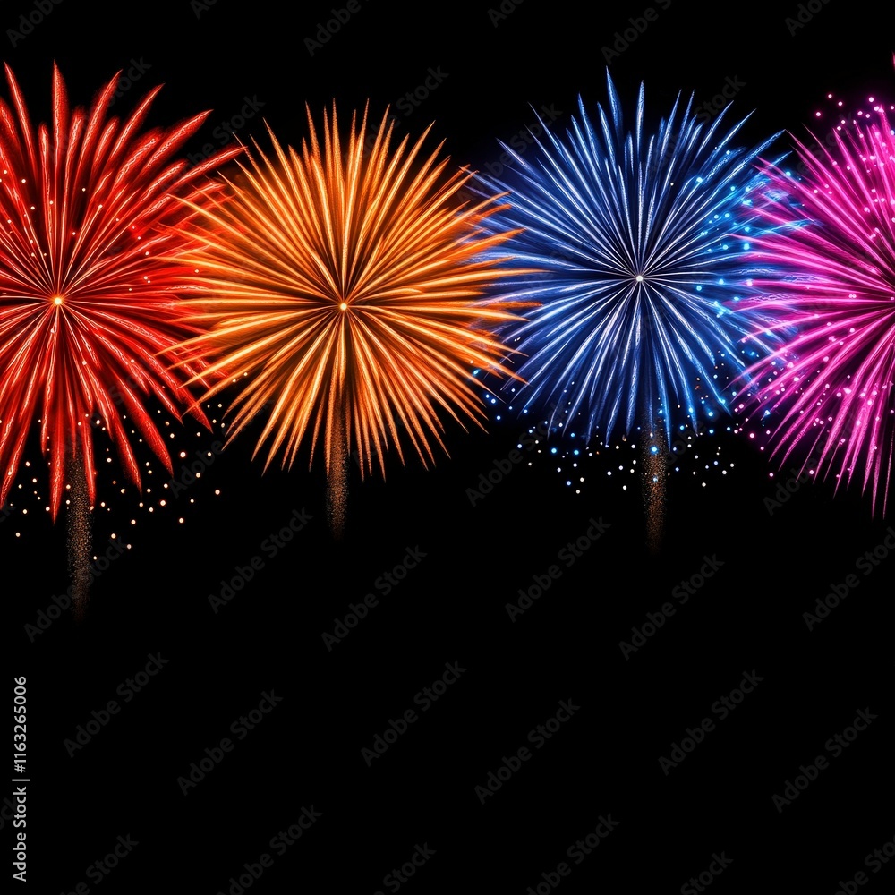 Fototapeta premium This image features a vibrant display of fireworks in various colors against a black background, celebrating festive occasions and creating a joyful atmosphere.