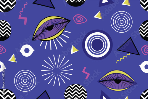 Design a vibrant, eclectic funky pattern featuring bold geometric shapes, abstract swirls, and unexpected color combinations.  Think 70s retro meets modern art.