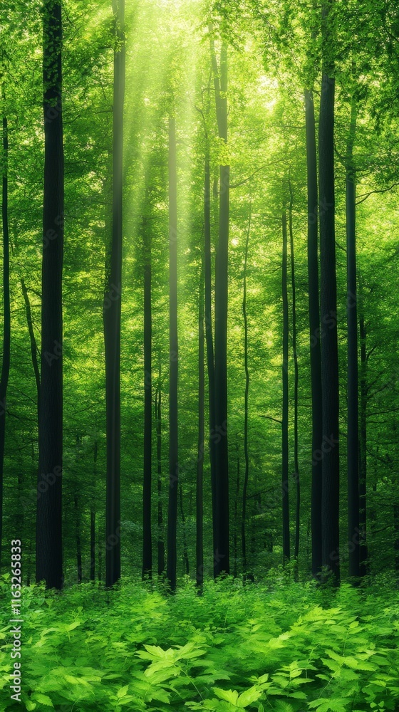 Fototapeta premium A serene forest scene featuring tall trees bathed in soft green light, creating a peaceful and tranquil atmosphere. Ideal for nature lovers and those seeking calmness.