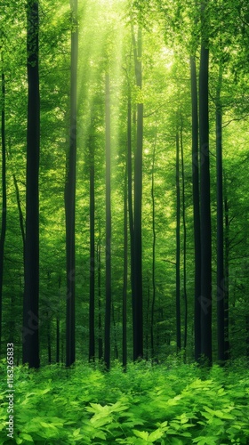 Wallpaper Mural A serene forest scene featuring tall trees bathed in soft green light, creating a peaceful and tranquil atmosphere. Ideal for nature lovers and those seeking calmness. Torontodigital.ca