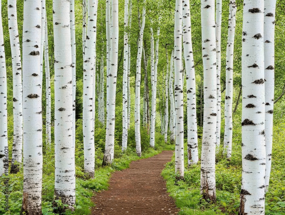 A serene forest scene featuring tall, white-barked trees lining a dirt path, surrounded by lush greenery, inviting exploration and appreciation of nature's beauty. A serene forest scene featuring tall, white-barked trees lining a dirt path, surrounded by lush greenery, inviting exploration and appreciation of nature's beauty.