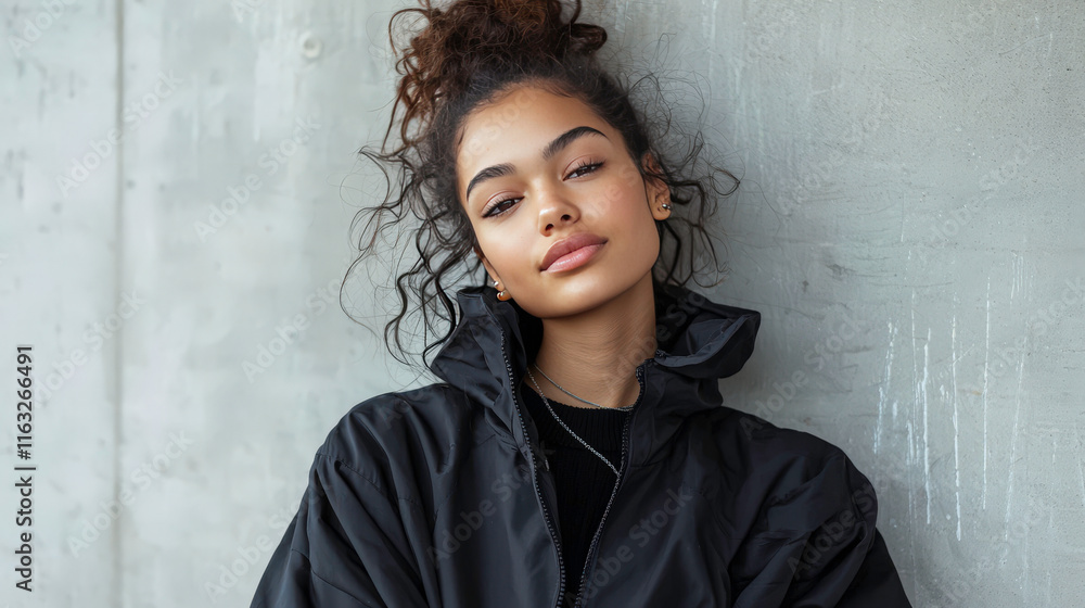 Confident young woman with curly hair wearing a black jacket posing against a textured concrete wall for an urban fashion photoshoot Confident young woman with curly hair wearing a black jacket posing against a textured concrete wall for an urban fashion photoshoot
