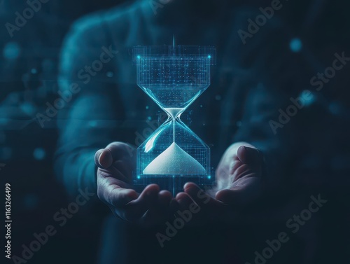 AIgenerated futuristic hands holding an ultramodern hourglass with programmable nanobot sand, in a minimal techstyle environment, hyperrealistic photo