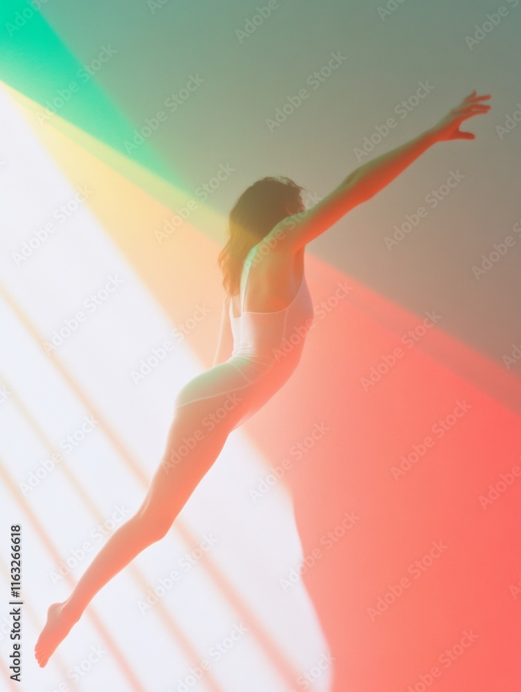 Obraz premium Dynamic Leap Aerial Dancer in Colorful Spotlight