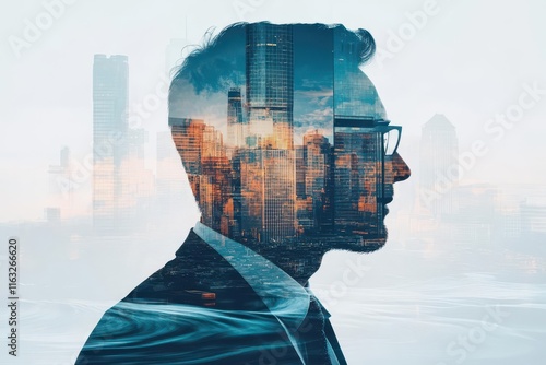 Adaptability in fastpaced managerial roles close up, focus on, copy space bold hues Double exposure silhouette with flowing water