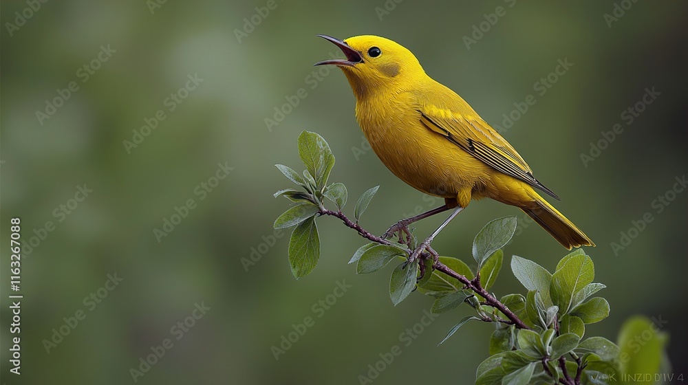 A bright yellow Prothonotary Warbler sings out loudly while perched on a small branch with fresh A bright yellow Prothonotary Warbler sings out loudly while perched on a small branch with fresh