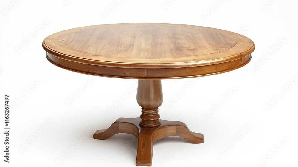 Round wooden dining table with polished finish isolated on white background for interiors Round wooden dining table with polished finish isolated on white background for interiors