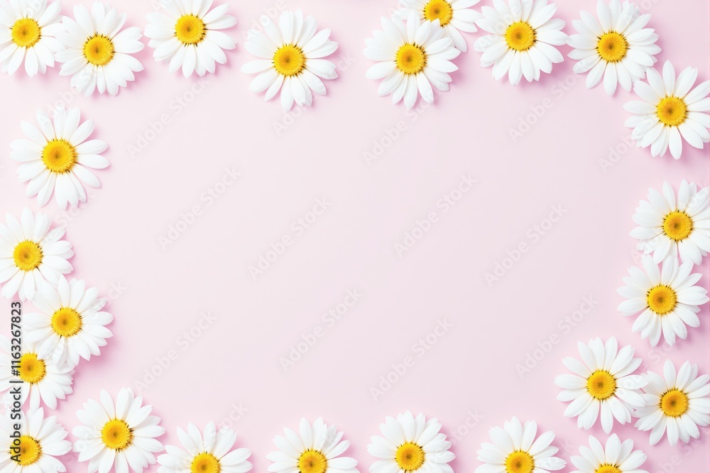 White daisy flowers arranged to form a rectangular frame, placed on a soft pink background. Concept of spring, nature, and floral decoration. Ai generative White daisy flowers arranged to form a rectangular frame, placed on a soft pink background. Concept of spring, nature, and floral decoration. Ai generative