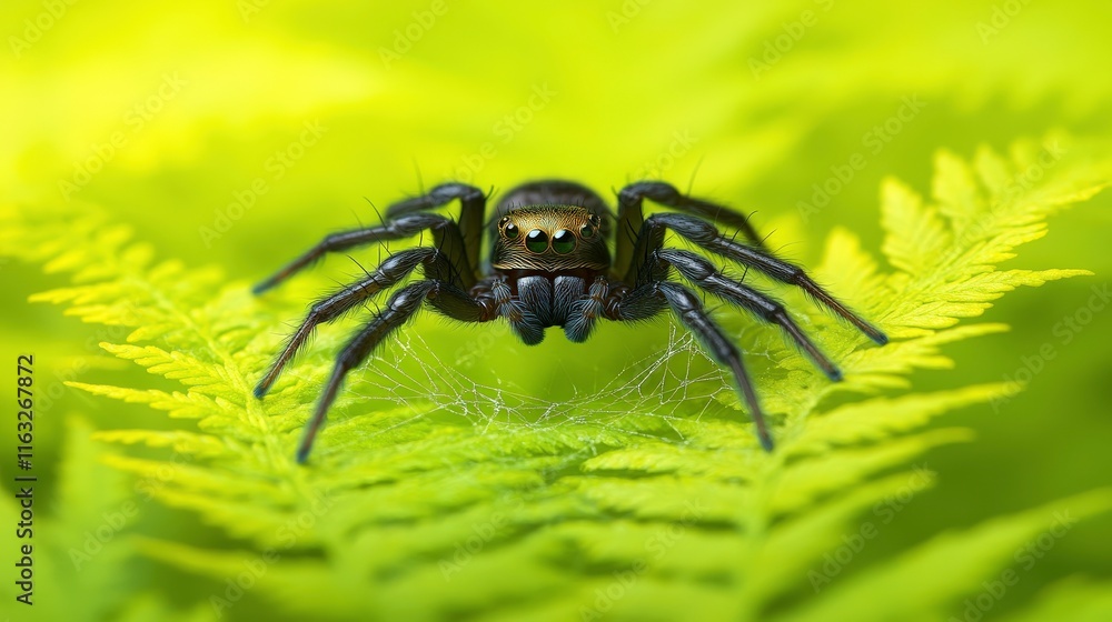 A close-up image of a spider resting on a vibrant green fern leaf, highlighting its intricate details and natural habitat. A close-up image of a spider resting on a vibrant green fern leaf, highlighting its intricate details and natural habitat.