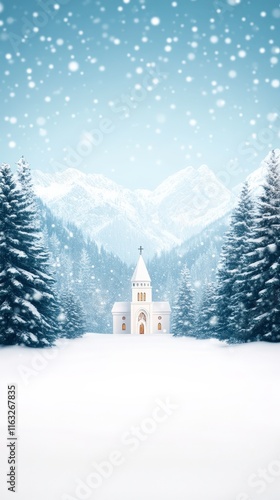 Wallpaper Mural A serene winter landscape featuring a quaint white church surrounded by snow-covered trees and majestic mountains, creating a peaceful and picturesque scene. Torontodigital.ca