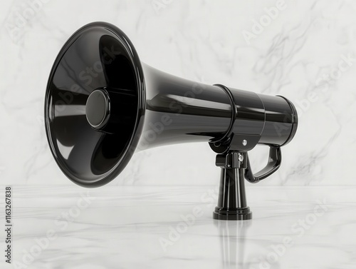 A black megaphone rests on a marble surface, designed for amplifying sound and delivering messages in various settings. photo