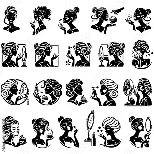 beauty salon icons, skincare silhouette girls set