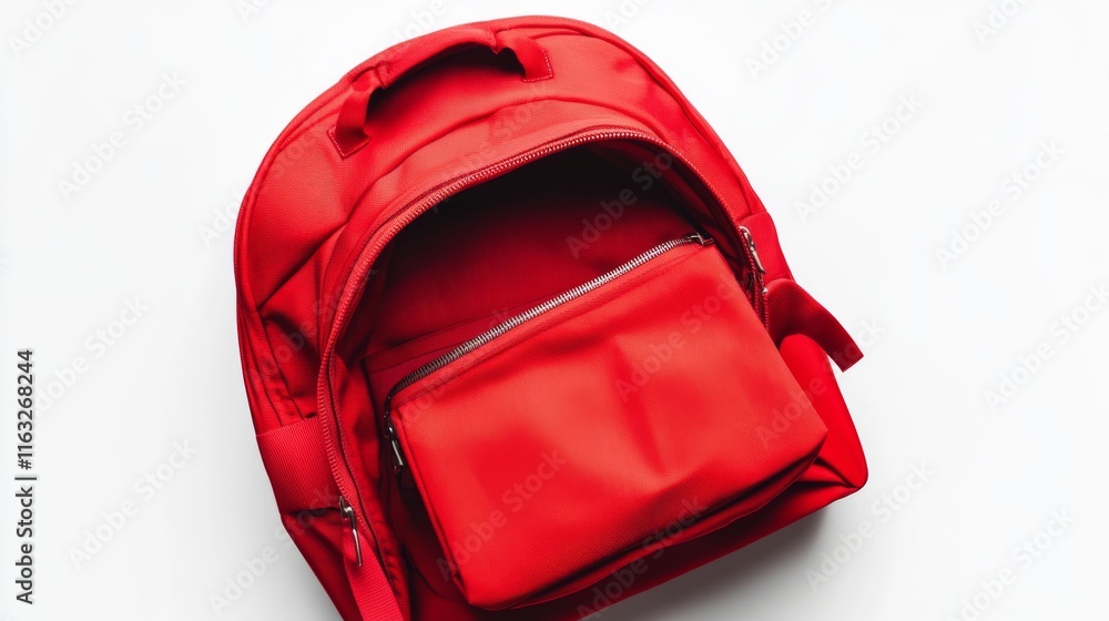Fototapeta premium Open red backpack displayed on a clean white background, featuring spacious compartments and minimalist design, ideal for travel, school, or outdoor adventure gear visuals