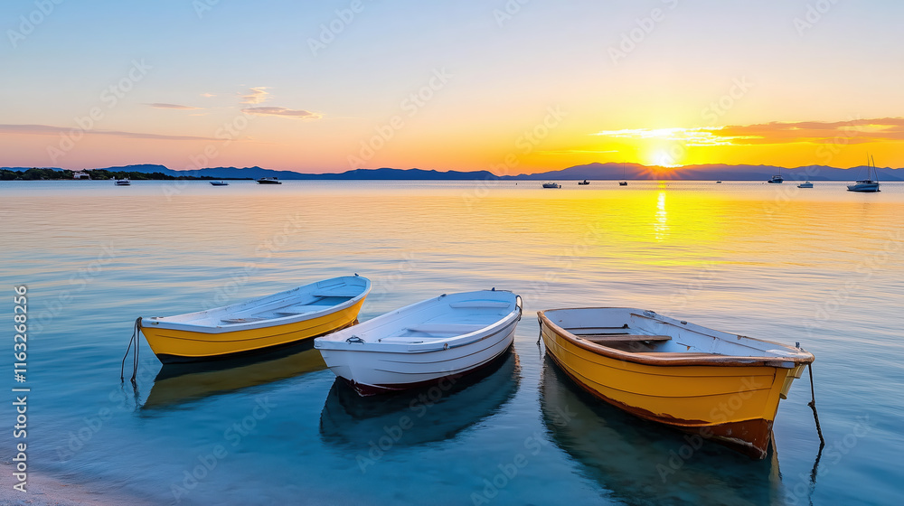 Serene sunset over calm waters with colorful boats at shore Serene sunset over calm waters with colorful boats at shore