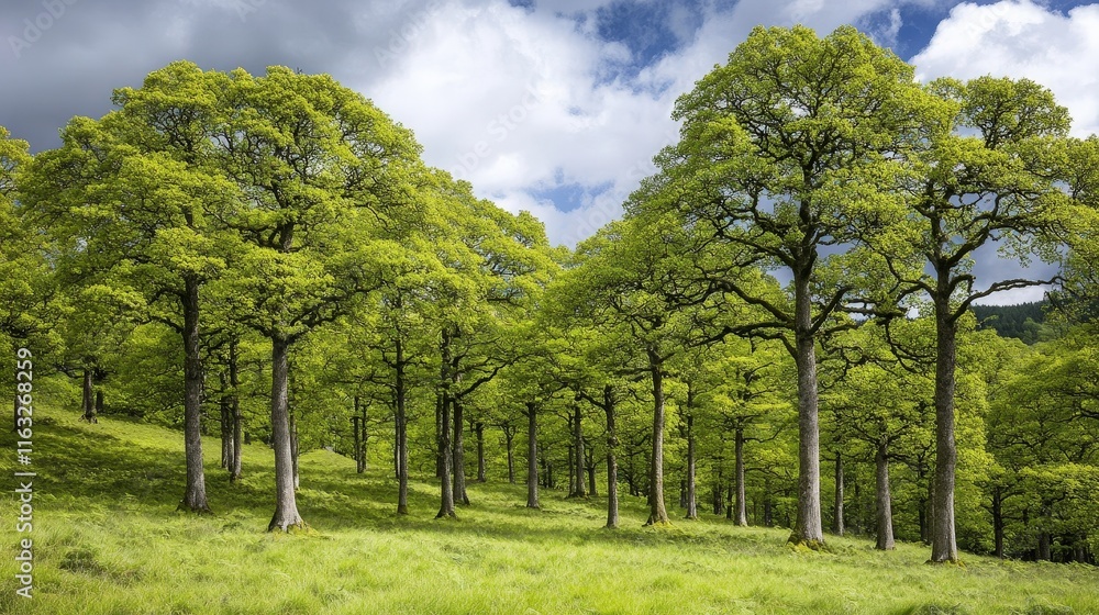 A serene landscape featuring a grove of lush green trees under a partly cloudy sky, creating a peaceful natural environment. A serene landscape featuring a grove of lush green trees under a partly cloudy sky, creating a peaceful natural environment.
