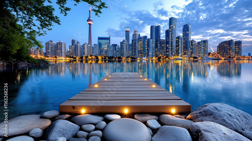 Fototapeta Naklejka Na Ścianę i Meble -  serene waterfront view of city skyline at dusk, featuring wooden dock