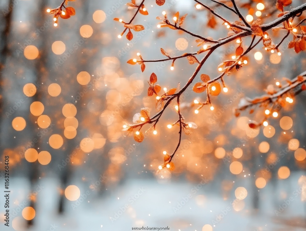 A serene winter scene featuring branches with golden leaves and glowing lights, creating a magical atmosphere amidst a snowy backdrop. A serene winter scene featuring branches with golden leaves and glowing lights, creating a magical atmosphere amidst a snowy backdrop.
